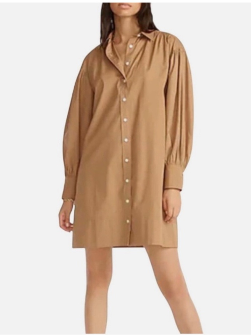 J.Crew Puff-Sleeve Brown Khaki Tan Cotton Poplin Mini Shirtdress Sz XS